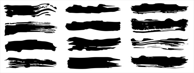 Wall Mural - Vector collection of artistic grungy black paint hand made creative brush stroke set isolated on banner background. A group of abstract grunge sketches for design education or graphic art decoration