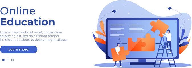 Online education concept. Vector layout for website page. Illustration in flat style with people studying remotely. Students learning online. PNG image