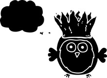 Freehand Drawn Thought Bubble Cartoon Owl Wearing Paper Crown Christmas Hat