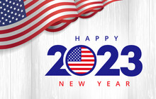 Happy New Year 2023 With Flag USA. American Creative Design For Christmas Sale Banner Or Xmas Greeting Card. Vector Illustration