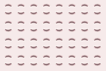 Wall Mural - Follow eyelashes on pink background. Female cosmetics. Extension and lengthening of eyelashes. Pattern.