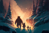 Teddy bear family hiking in the wildnerness at Christmas, snowy winter festive mountainside forest scene, charming illustration