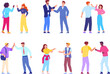 Informal greeting. Happy friends giving high five, greet manner positive people communication hi hey fist hand gestures trust colleague business meeting, swanky vector illustration