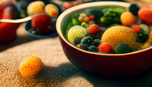 Bowls With Fruits And Vegetables, Colored, Realistic, With A Higher Perspective Looking Down, Futuristic, Hyper-realistic, Spatial