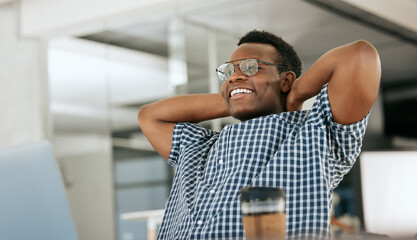Poster - Business black man relax at his office desk for finance, sales and company development, startup success or kpi achievement. Stretching businessman happy for career, job productivity or online review