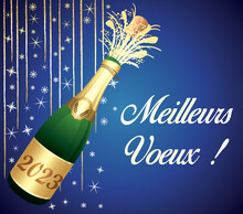 Meilleurs Vœux ! Bonne Année ! Carte De Vœux Dorée Avec Champagne Et Décorations De Fête. Illustration Vectorielle. Carte Bleue Et Or. Français.