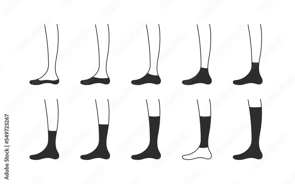 Socks Reference Types of socks icons. Black socks mockups. Set with various forms of ...