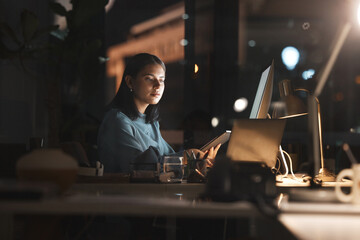 Poster - Business woman, in office at night and use tablet with computer planning, thinking and working on digital strategy for financial company. New york, corporate employee and fintech banking security