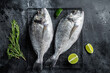 Raw sea bream dorado fish ready for cooking. Black background. Top view