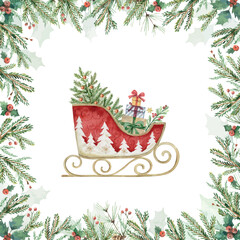 Wall Mural - watercolor vector card with a christmas sleigh, fir tree, gifts and ornate frames.