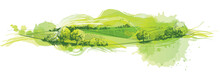 Green Grass Field On Small Hills. Meadow, Alkali, Lye, Grassland, Pommel, Lea, Pasturage, Farm. Rural Scenery Landscape Panorama Of Countryside Pastures. Illustration