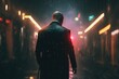 Mafia hitman in a suit, bald killer silhouette in a coat with a gun in the raining city, bodyguard assassin, neon lights, car, gun. Generative AI