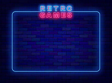 Retro Games Neon Banner. Empty Frame With Space For Text. Luminous Poster. Vector Stock Illustration