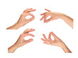 Female, women's hands, fingers and thumb pinching as if holding something isolated against a transparent background.