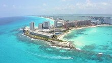 Cancun, Mexico. A Hotel Zone And Public Beach Aerial View
