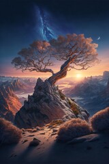 Wall Mural - lonely mystical tree, sunset over the mountains,fictional landscape made with generative ai