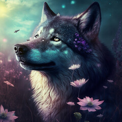 a beautiful wolf in the night surrounded by dandelions and magical night, dreamlike atmosphere, dark light midnight purple intricate detail, hyper detailed