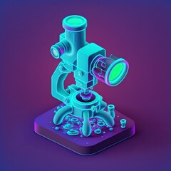 Poster - Microscope illuminated by neon light, electronic isolated on a blue background. ai