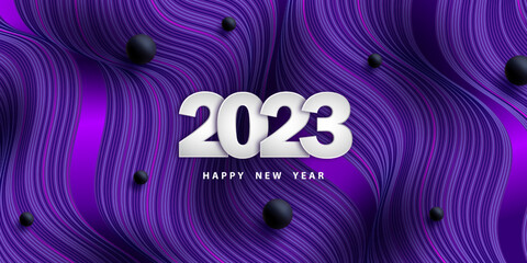 Wall Mural - Happy new year 2023. Festive wavy background with 3D numbers. Violet backdrop. Poster with flow lines and pearls. Holiday banner. Vector illustration. Design flyer, wallpaper. Stock.