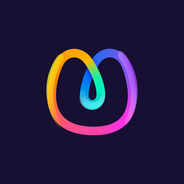 Letter U logo. Rainbow gradient one line icon. Overlapping multicolor emblem with glossy shine.