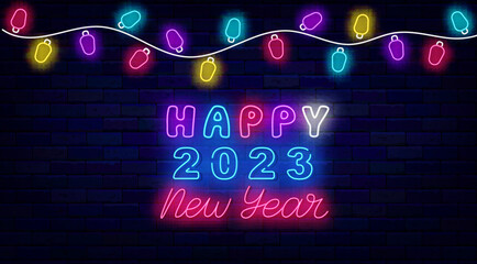 Wall Mural - Happy 2023 New Year neon greeting card. Light horizontal invitation flyer. Vector stock illustration
