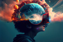 Vr Headset, Double Exposure, Metaverse, Futuristic Virtual World, State Of Consciousness, Technology, Woman