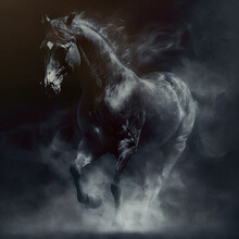 A Running Horse Melting Into Swirling Smoke, On A Black Background, By Anders Zorn And Richard Schmid And Doug