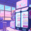 anime screenshot of cyberpunk vending machine shop interior,neon glow, winter