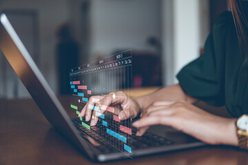 Business people check schedule on table in visual screen, meeting table schedule, business table, working table, online schedule.