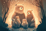 Family of bears together in an enchanted forest, group portrait illustration