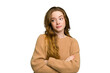 © Asier - Young caucasian redhead woman isolated suspicious, uncertain, examining you.