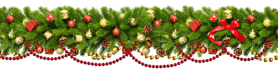 Wall Mural - Christmas Border frame of tree branches isolated. Christmas garland with red bow