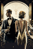Fototapeta Kosmos - Art Deco Party Celebration Illustration, Couple at a party in the style of the early 20th century, Gatsby Style, Fashion Illustration , New Year's Eve
