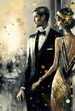 Art Deco Party Celebration Illustration, Couple At A Party In The Style Of The Early 20th Century, Gatsby Style, Fashion Illustration , New Year's Eve