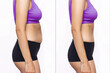 © Марина Демешко - Comparison of young woman in profile with a belly with excess fat and toned slim stomach before and after losing weight isolated on a white background. Result of diet, liposuction, training