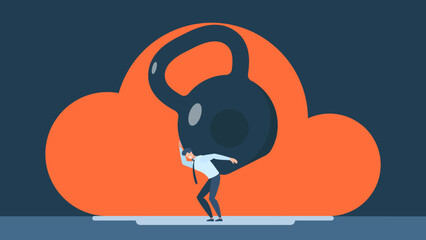 Stress is like heavy burden, load in business. Depressed businessman under heavy kettlebell burden. Financial crisis and credit payment. Business, mental stress, bankruptcy, debt. Vector illustration