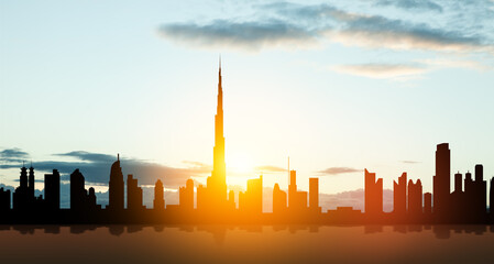 Wall Mural - United Arab Emirates, Dubai skyline view at sunset. UAE celebration. National day, Flag day, Commemoration day, Martyrs day.