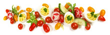 Cherry Tomatoes And Deviled Eggs With Vegetables. Panorama Isolated On White Background.