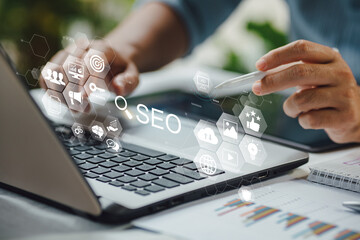 Wall Mural - person working with computer laptop for manage search engine optimization : seo with social media co