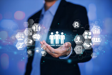 Wall Mural - businessman hold circle of network structure hr - human resources. business leadership concept. mana