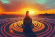  woman in lotus pose radiates with sound waves against a desert sunset, symbolizing sound healing, yoga, meditation, mental health, stress relief, and tranquility..  Generative ai 