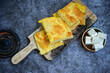 Bakery .Home made Ketogenic   cheese pie  with low carb  phyllo pastry, feta cheese  and organic eggs. Bulgarian banitsa in keto version. Gluten free diet food 