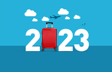 Wall Mural - 2023 new year World tourism creative 3D concept background. Red travel bag with 2023 new year text.