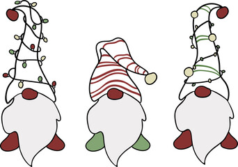 Christmas gnomes line art on white background. New Year's decor vector illustration