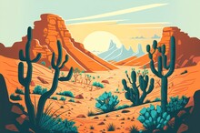 Desert Arizona Landscape, Dry Cactus Valley With Intense Orange Dusty Heat Haze And Clouds, Sandstone Cliffs And Distant Mountains And Rock Formations - Generative AI