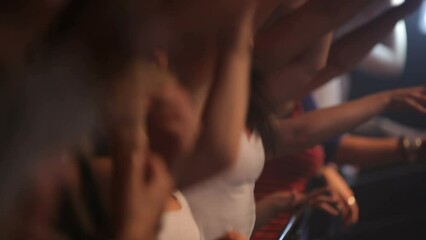 Wall Mural - Concert, party and women audience at a dance festival dancing to rock or techno music as excited and happy fans or crowd. Disco, freedom and young punk girl with friends at edm night show event