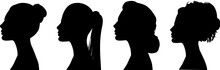 A Sign Of Several Female Silhouettes In Profile. Vector On Isolated Background. Turn. Number. Diversity Young Women For Poster Or Text. Elegant Background As Well.