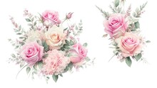 Pink Roses Watercolor Illustration, Blush And Mint Floral Bouquet Set Isolated On White Background.