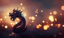 Chinese Mythical Dragon Scene And Blurred Lights On Dark Foggy Background. Postproducted AI Generated 3d Illustration.