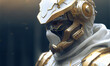 Portrait of elite soldier armed in golden white armor. Postproducted generative AI illustration.